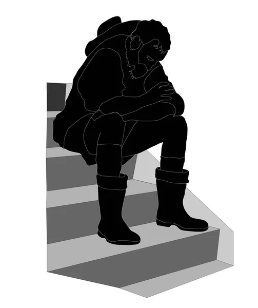 Černobílá Kresba Unaveného Sedláka Sedícího Schodech — Stockový vektor