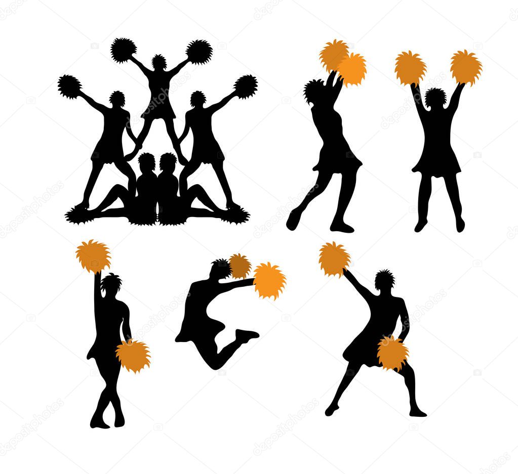 Series of cheerleaders with orange pompoms