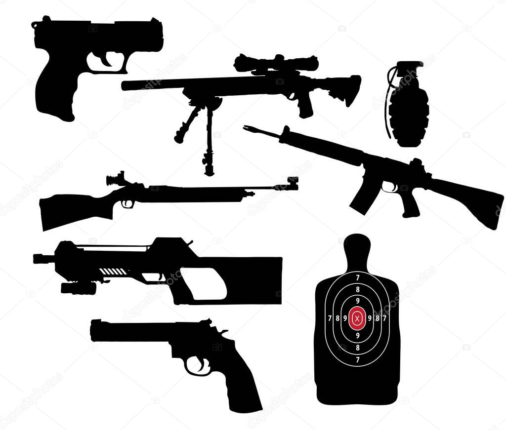 Set of Weapons Silhouettes isolated on white background