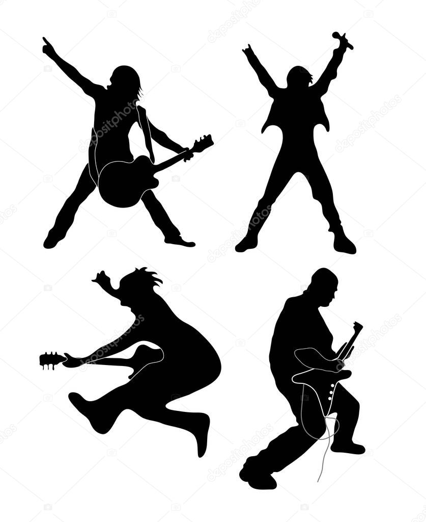 Rock Star silhouettes (singer, guitarists), simple vector illustration 