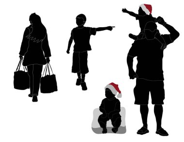 Alışveriş yapan bir kadın, bebek taşıyan bir baba Noel Baba şapkası takan ve işaret eden bir çocuk.