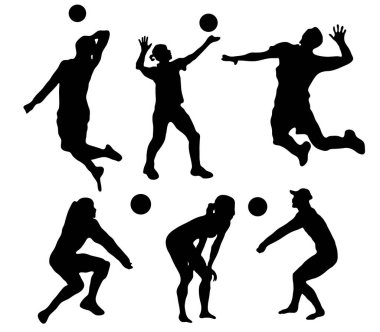 Beyaz zemin üzerinde izole voleybol siluetleri