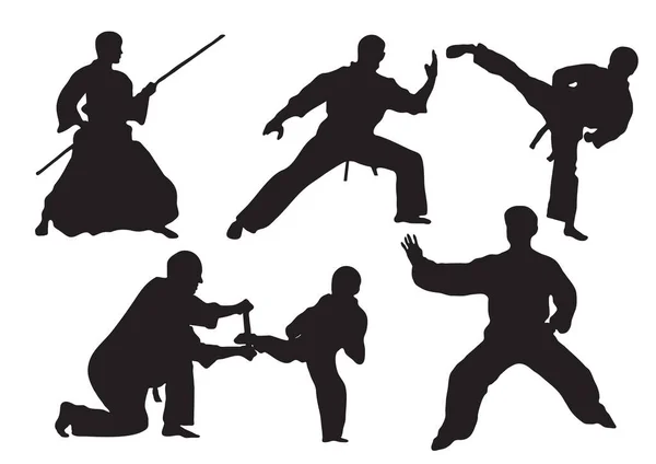 Dövüş Sanatları Siluetleri Çeşitli Pozisyonlar — Stok Vektör
