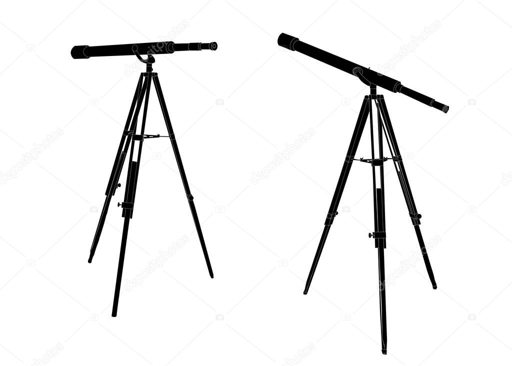 Two telescopes detailed silhouettes isolated on white background