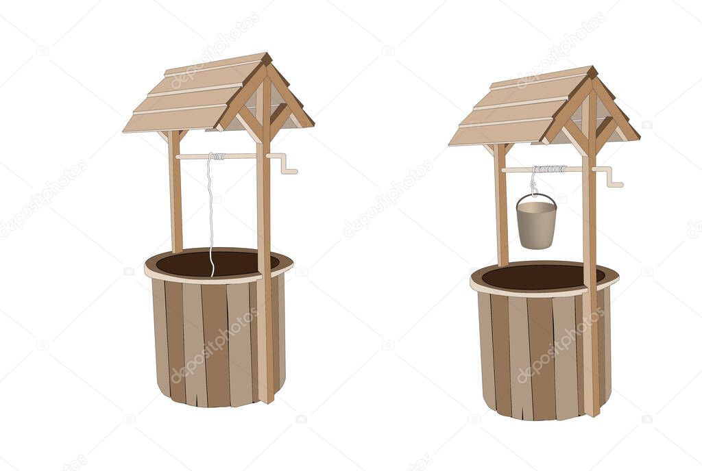 Wooden wishing wells isolated on white background 