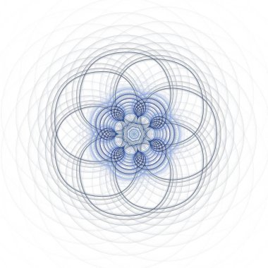 karmaşık dönen mavi dalgalı çiçek tasarımı, beyaz arkaplanda ters renklerle fraktal