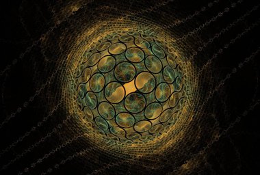 karmaşık mavi ve sarı dalgalı daire soyut tasarım, fraktal ve siyah arkaplan üzerinde ters renkler