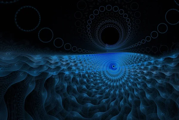 Bloom spinning blue abstract flower with waves design, 3D illustration, black background