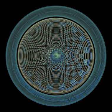 Dönen yeşil ve sarı soyut çiçek, dalga tasarımı, 3 boyutlu illüstrasyon, siyah arkaplan