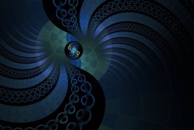 Karmaşık mavi ve koyu mavi soyut kıvrımlı spiral dalgalar tasarımı