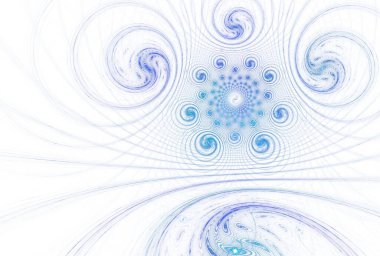 Soyut girdaplı yükselen galaksiler, beyaz arkaplanda dijital fraktal görüntü