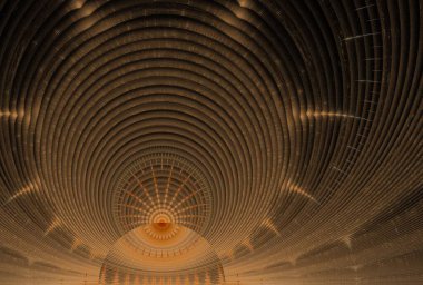 Siyah zemin üzerinde yuvarlak ışın fraktal görüntüsü olan fütürist dijital kubbe 