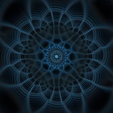 Dalgalar dizaynlı mavi soyut çiçek, 3 boyutlu illüstrasyon, siyah zemin