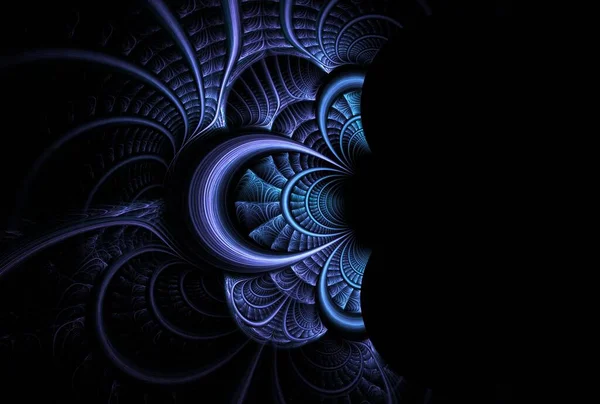 Dalgalar dizaynlı mavi soyut çiçek, 3 boyutlu illüstrasyon, siyah zemin