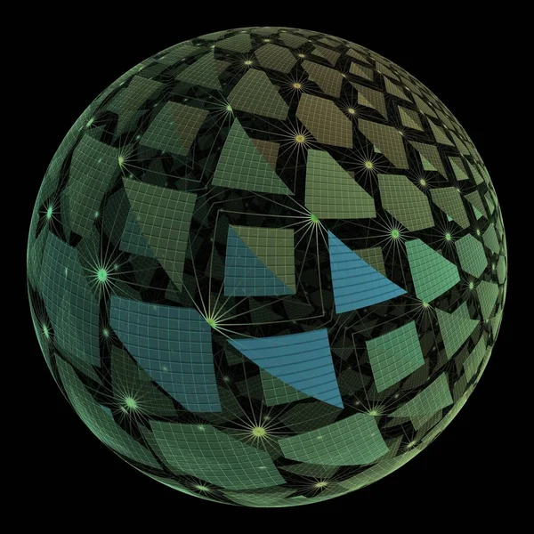 带有几何粒子和线的球体 黑色背景上的数字分形图像 — 图库照片