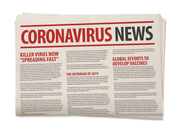 Coronavirus Gazetesi 'nin maketi, COVID-19 ile ilgili haberler ve kağıt medya basın üretim konsepti başlığı beyaz arkaplanı izole etti