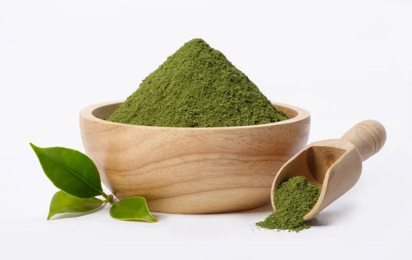 Matcha Poudre Thé Vert Dans Bol Avec Feuille Thé Vert — Photo