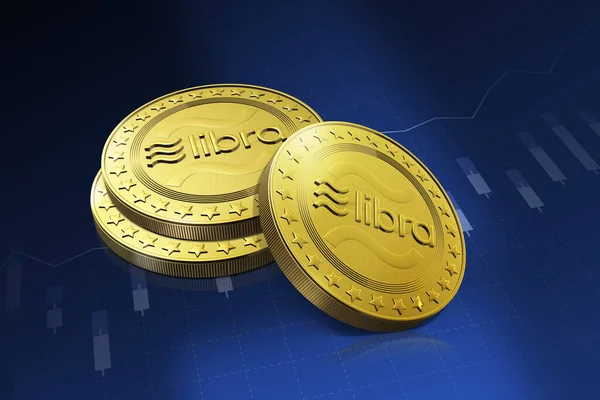 Libra Cryptocurrency Ψηφιακά Χρυσά Νομίσματα Μπλε Φόντο Facebook Ανακοινώνει Libra — Φωτογραφία Αρχείου