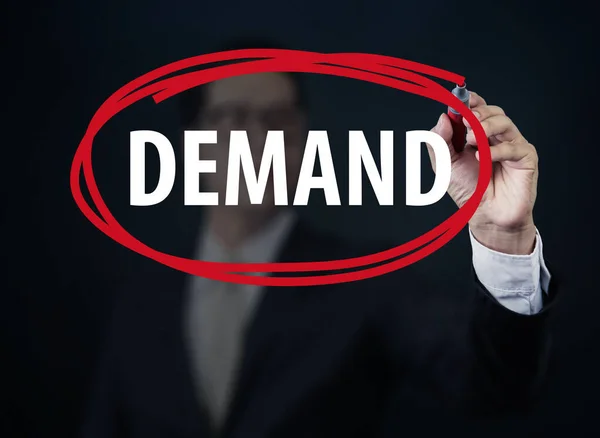 Empresário Mão Escrevendo Demand Com Marcador Vermelho Placa Transparente Novo — Fotografia de Stock