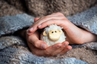 Küçük çocuk Paskalya bayramı için kuzu süslemesi tutuyor..