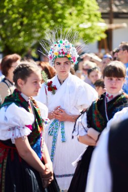Macaristan 'ın Holloko köyünde geleneksel halk kostümü giymiş genç bir kadının portresi.