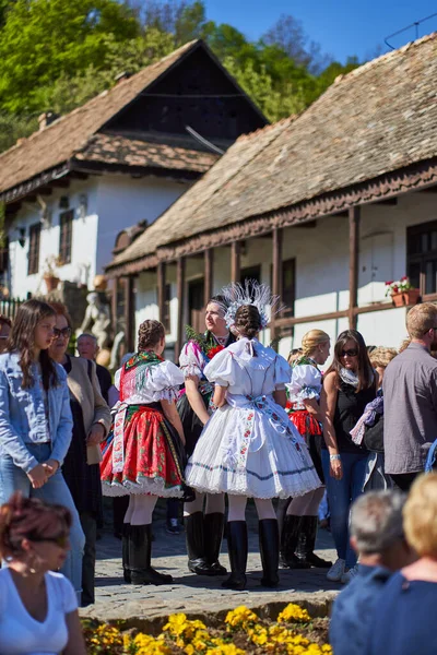 Local Girls Traditional Folk Dresses Easter Holy Mass Old Village — Stock Photo, Image