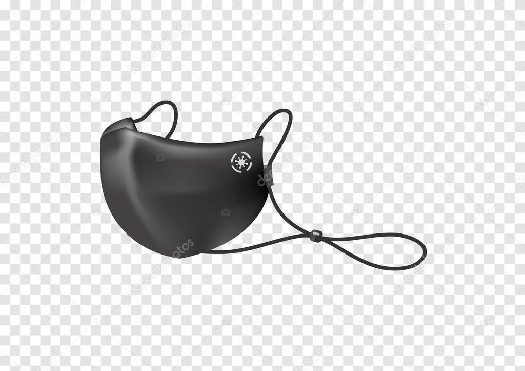black cotton face mask with long strap and virus logo to protect corona virus Covid-19 vector isolated on transparency background