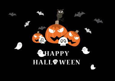 Cadılar Bayramı arkaplanı, balkabağı yarasaları, küçük hayaletler, baykuş ve kafatası vektörü.