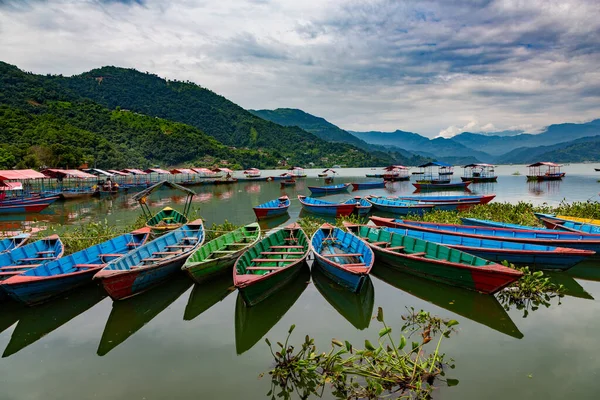 Pokhara, Nepal 'deki Phewa Gölü' nde dağ manzaralı renkli uzun kuyruklu tekneler.