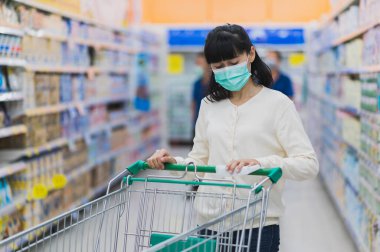 Tıbbi maske takan Asyalı kadın, bakteri ve mikropların yayılmasını önlemek ve korona virüsünden korunmak için süpermarkette alışveriş arabasının sapını siliyor. Hijyen kavramı