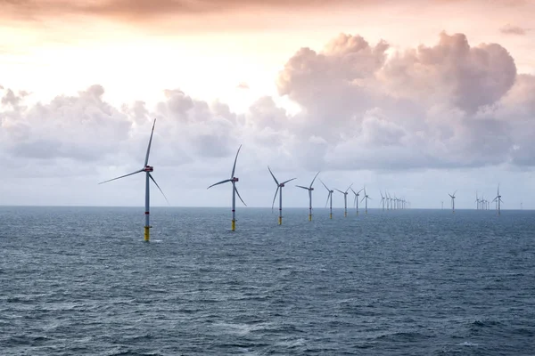 Zonsondergang Boven Offshore Windpark Groene Stroomopwekking Stockafbeelding