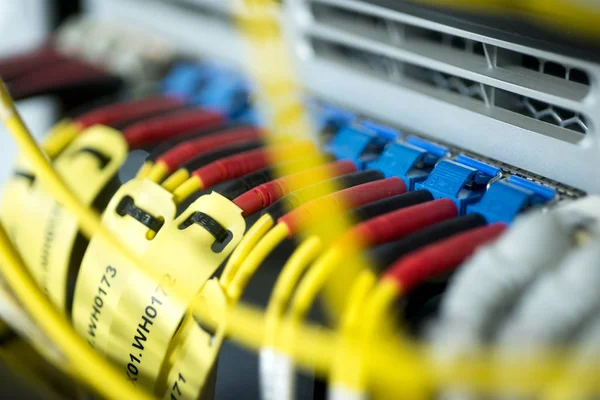 Optisk Fiber Ansluten Till Kontrollpanelen För Telekommunikation — Stockfoto