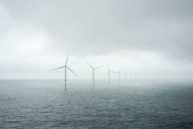 Deniz aşırı rüzgar çiftliğinde gün batımı - yeşil enerji üretimi