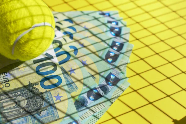 Tenis topu, euro banknotları ve sarı arka plandaki bir raketin gölgesi. Spora yatırım, ödül parası ve bahis konsepti. Seçici odaklanma. Boşluğu kopyala.