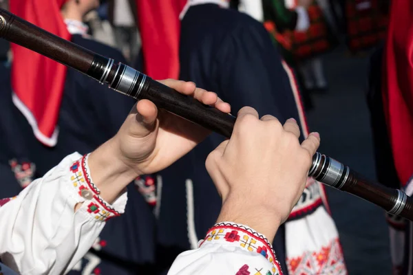 Hands Young Musician Play Wooden Flute Man Bulgarian National Costume — Stock Photo, Image