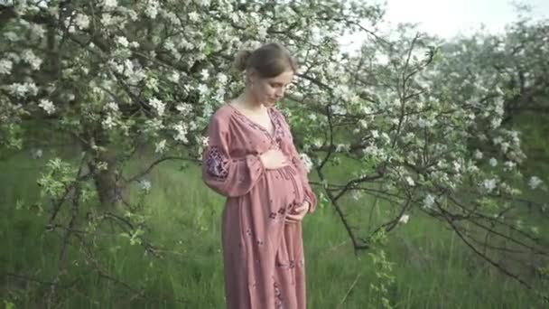 Vacker gravid kvinna i broderad klänning smeker hennes mage nära ett blommande träd — Stockvideo