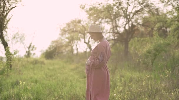 Красива вагітна жінка у вишитій сукні і солом'яний капелюх погладжує живіт в саду , — стокове відео