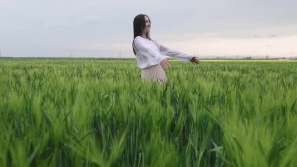 Hermosa chica con el pelo negro en una camisa blanca y falda cae en un campo de trigo al atardecer , — Vídeo de stock