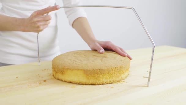 Flicka i köket skär en svamp tårta med ett snöre. — Stockvideo