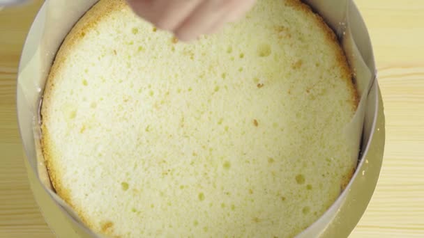 Close-up of making a cake. impregnation of sponge cake with milk. — Stock Video