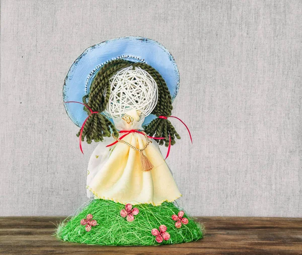 Spring handmade doll on linen canvas background — Stock Photo, Image
