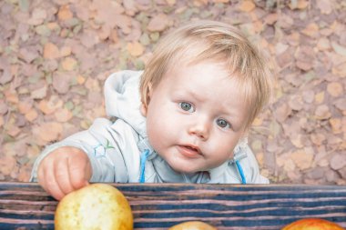 Küçük güzel çocuk elma l arkasında masaya elini çeker