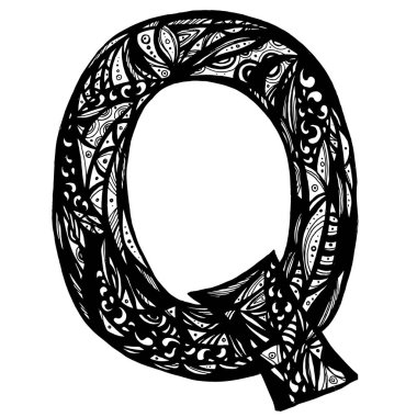 Harf Q tarzı zentangl imzalamak. El çekilmiş zentangle tarzı harfler.