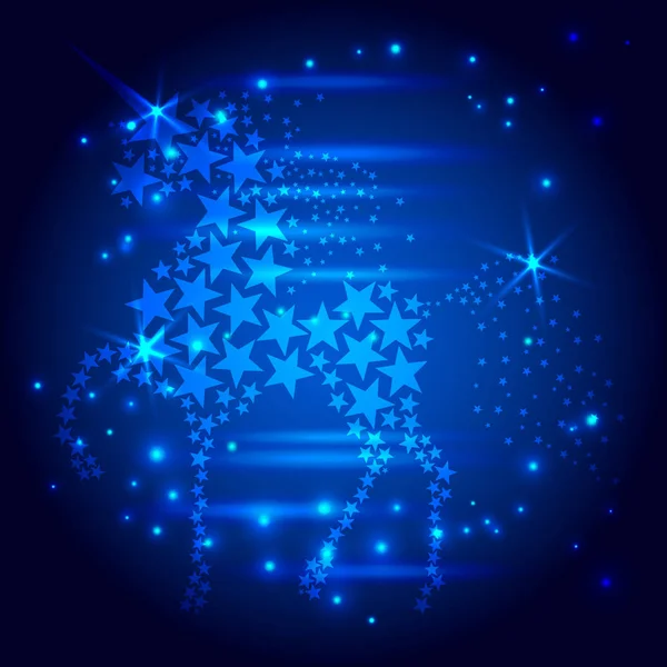 漫画のかわいいユニコーン。乗馬夜の空の星。宇宙空間に輝く創造的な装飾魔法の背景 — ストックベクタ