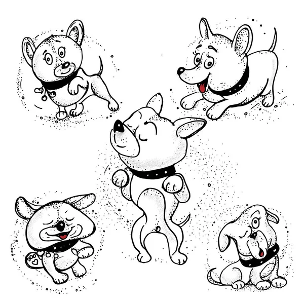 Set de 5 perros doodle hechos a mano con emociones. Elementos de diseño con animales . — Vector de stock