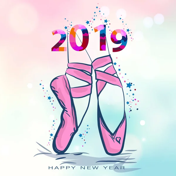 Tarjeta Navidad Con Zapatos Puntiagudos Feliz Año Nuevo 2019 Ilustración — Vector de stock