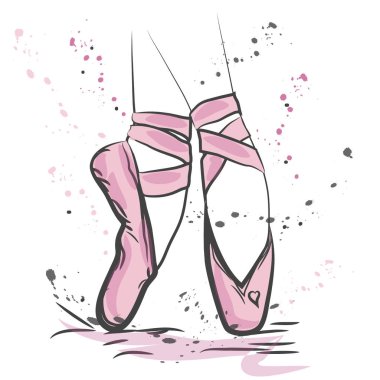 T gömlek tasarım. Modern moda stil pointes ayakkabı ile beyaz arka plan üzerinde. Kroki elle çizilmiş pointes ayakkabı, pembe renklerde yay.