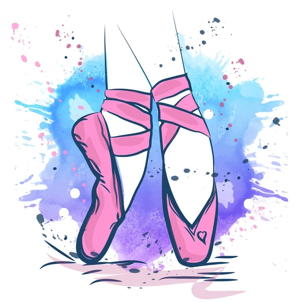 Illustration Chaussures Ballet Rose Réalisée Style Contour Sur Fond Aquarelle — Image vectorielle