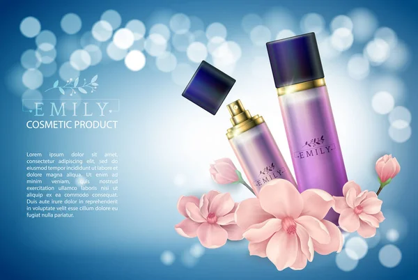 Reklamy produktów kosmetycznych, dezodorant z kwiatami w 3d ilustracji wektorowych. Zapach i Kobieta, Kobieta i perfumerii, — Wektor stockowy