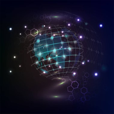 Parçacıklar, büyük veri, bilgisayar oluşturulan soyut arka plan ile uzayda soyut teknoloji mavi parlayan bağlantılar.